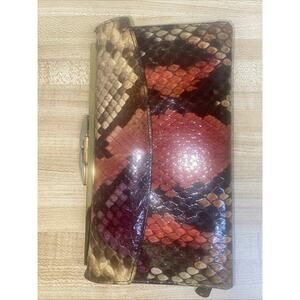 VTG Bosca Genuine Python Skin Wallet Coin Change Purse Kiss Clasp Tan Brown Red